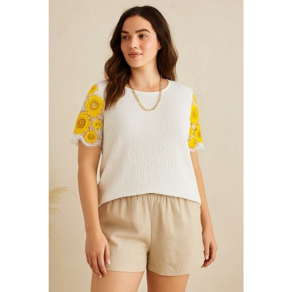 Alice Blue 1X White Textured Top Yellow Crochet Floral Sleeve Boho Cottagecore - Picture 1 of 10